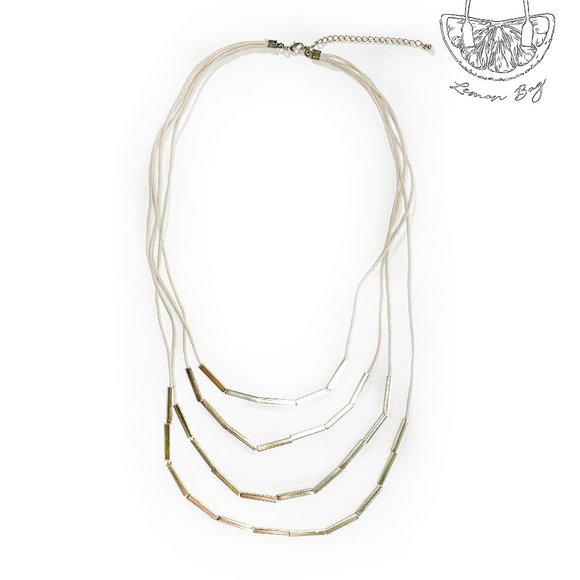 Gold Color Beads on Beige String Long Necklace - Picture 2 of 4